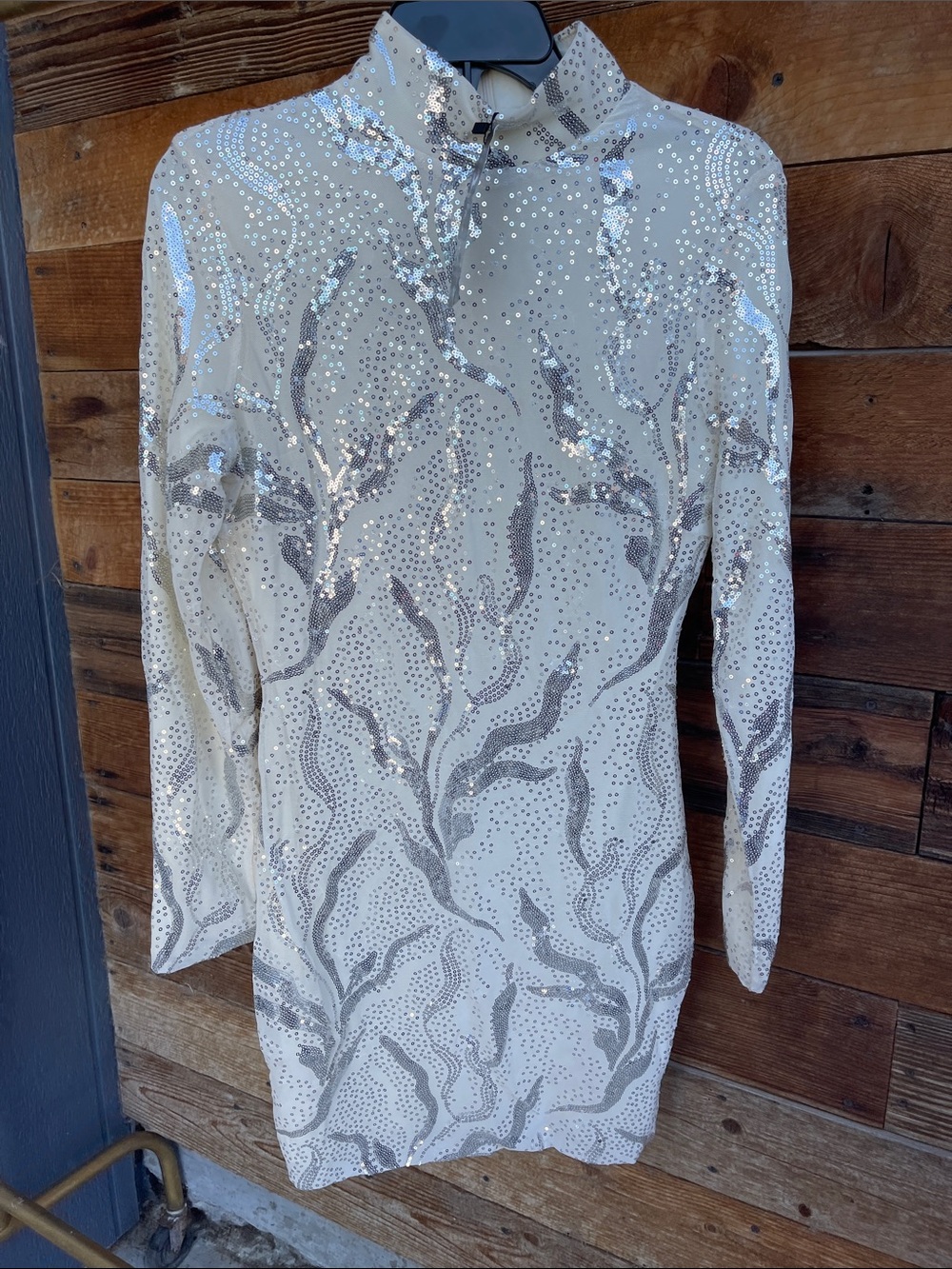 Sequin-Embellished White Mini Dress with High Neck
